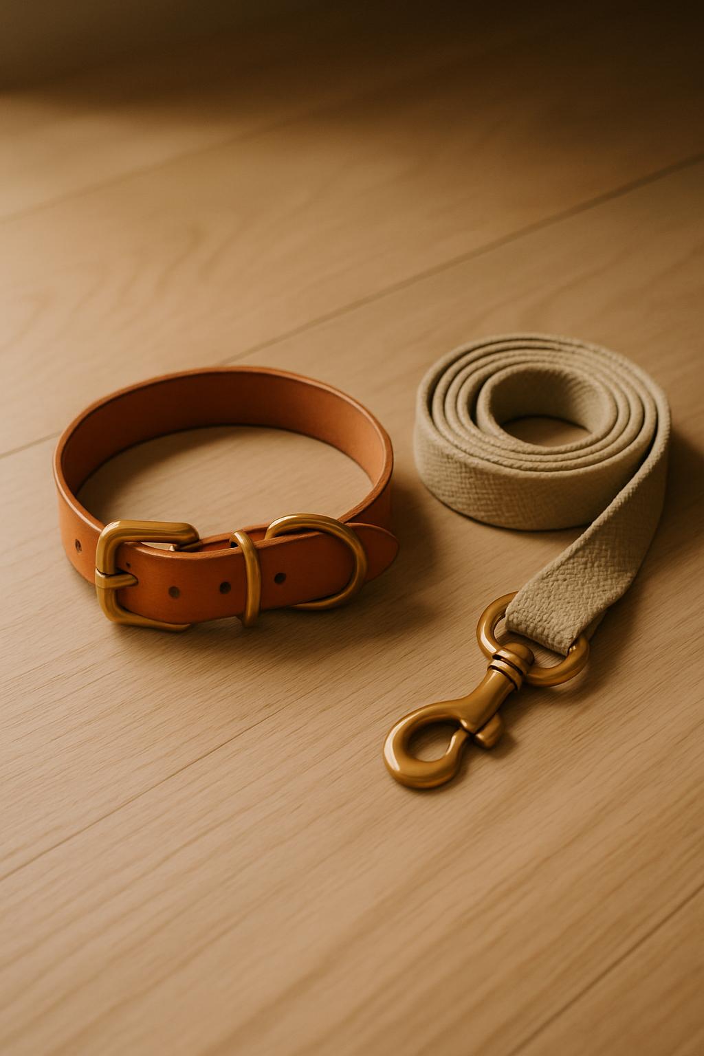 Leather collar with brass hardware beside a rolled canvas lead on an oak floor