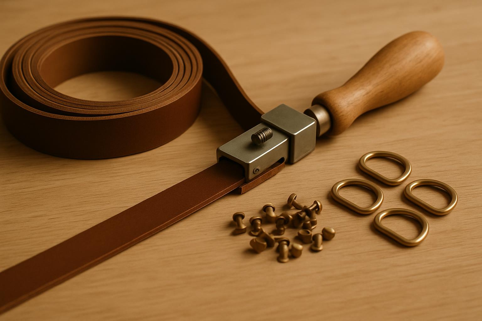 Workshop bench with leather strap stock, a strap cutter and brass rivets
